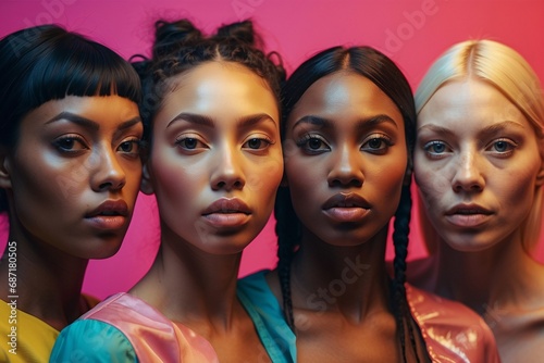 Set of multi racial women with different skin tones in gradient.