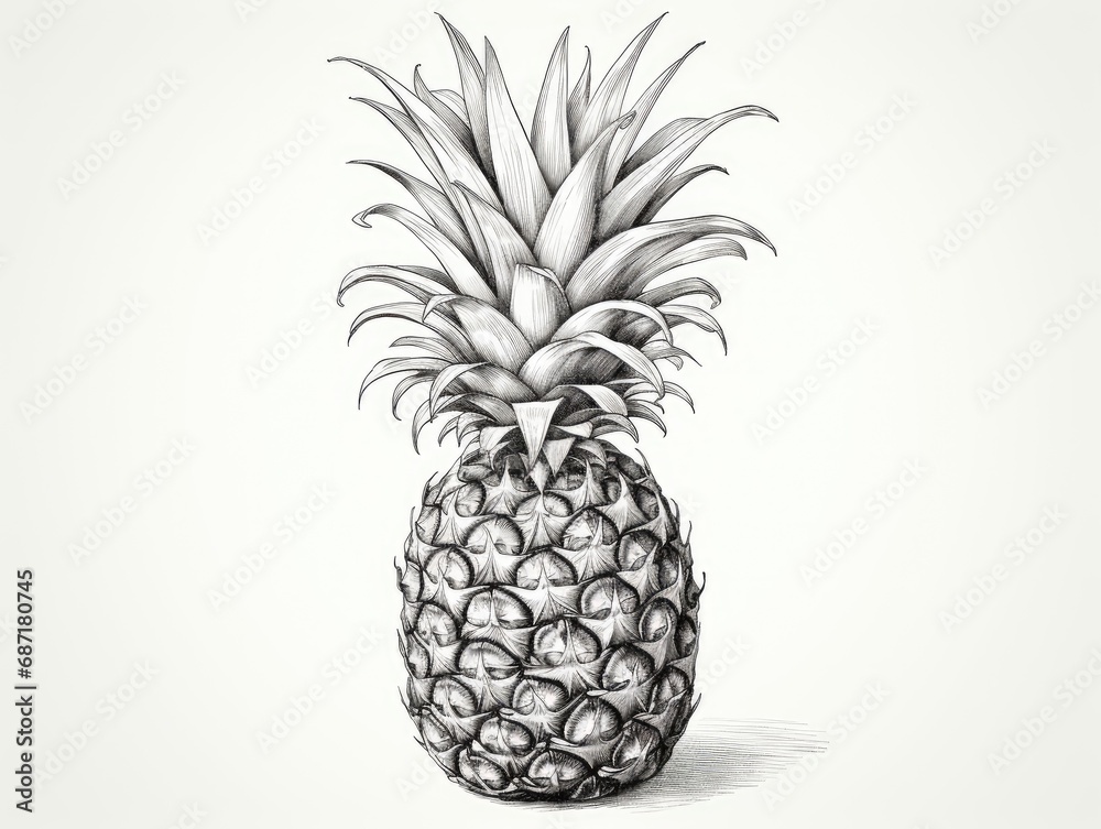 Sketched Pineapple Isolated, Hand Drawn Ananas, Whole Comosus, Engraving Tropical Fruit