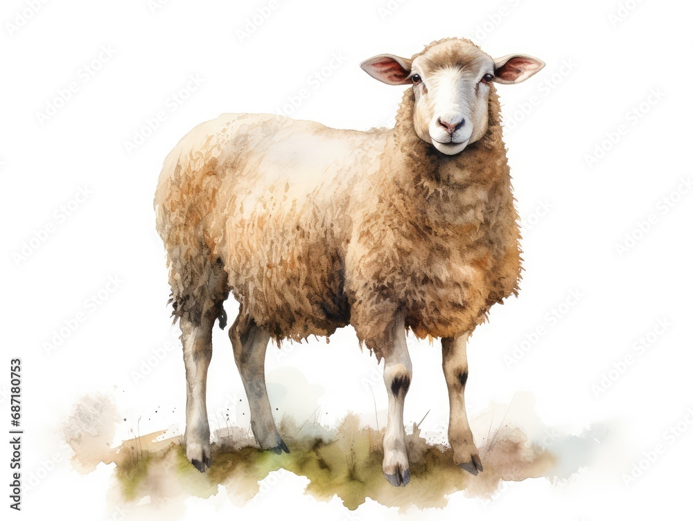 Obraz premium Watercolor Sheep Isolated, Aquarelle Lamb, Creative Watercolor White Sheep on White, Ram Drawing