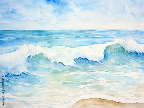 Watercolor Beach with Sea Waves, Aquarelle Ocean Tide, Vacation Background with Sea Waves Drawing