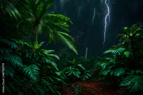 Rain in a rain forest with a thunderstorm