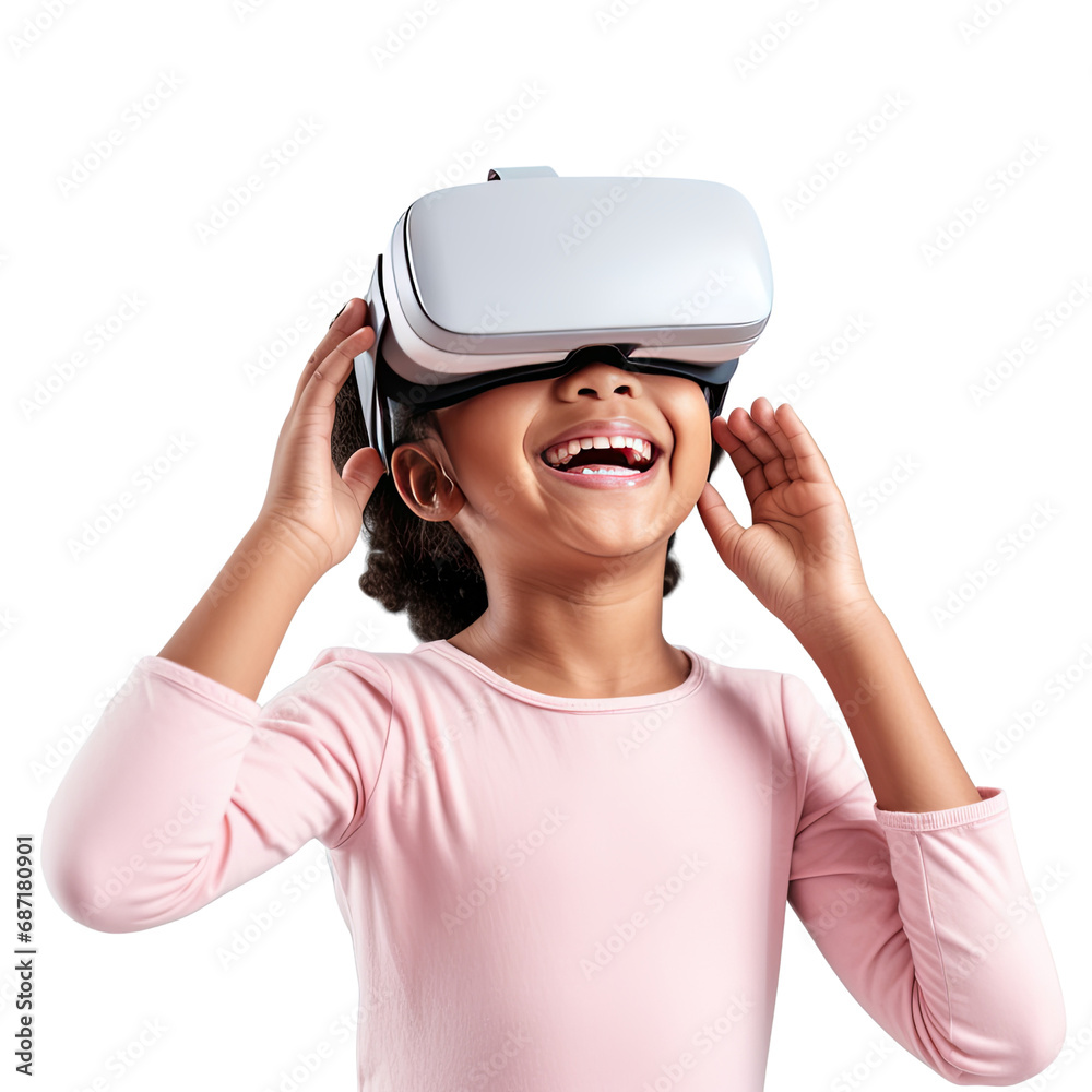 Close-up of kid smiling while using virtual reality headset isolated on transparent background PNG Close-up of kid smiling while using virtual reality headset isolated on transparent background PNG