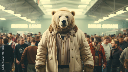 bear with a human body, wearing a coat and standing upright among a crowd of people in an indoor setting