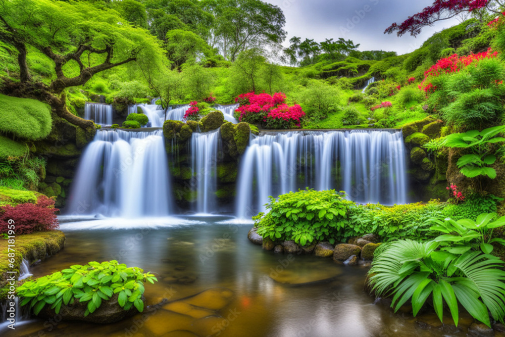 Naklejka premium waterfall in tropical garden during spring