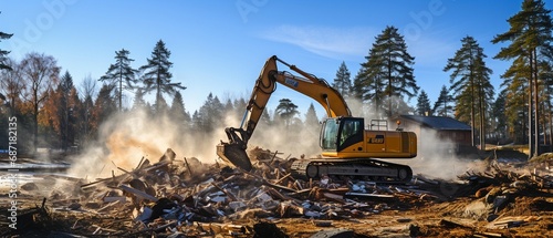 A digger clearing out a home in order to rebuild it.. photo