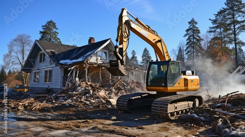 A digger clearing out a home in order to rebuild it..