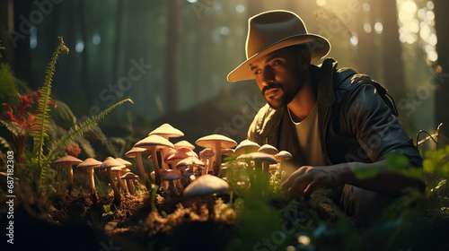 Mushroom Cultivator: A portrait of someone cultivating exotic or medicinal mushrooms, highlighting their expertise in mycology and sustainable farming practices. photo