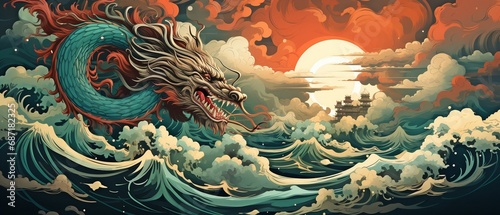 Traditional Chinese dragon artwork soaring through the skies. In Chinese culture and folklore, this dragon is well-known..