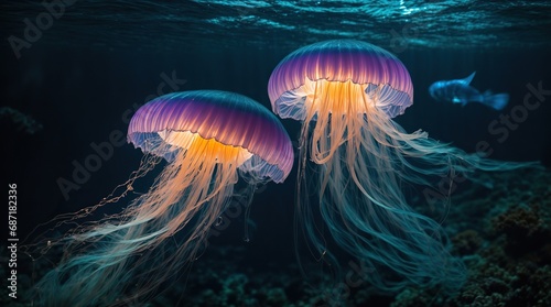 jelly fish in the aquarium. a bioluminescent jellyfish as it lights up the darkness of the underwater world with its radiant glow