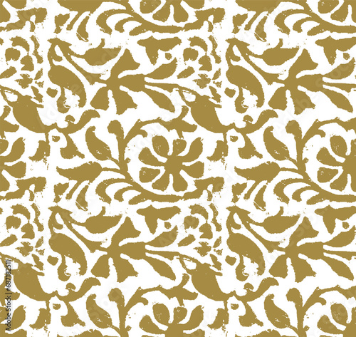 Flower Ornament. Floral Botanical Pattern. Gold Foliage on White Background. Linocut Print. Vector illustration. Fabric and Textile Wallpaper. Folk Rustic Golden Decor.
