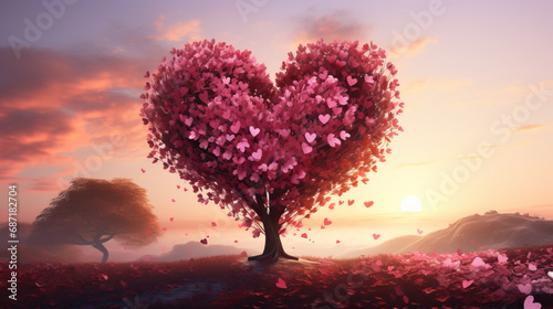 Tree made out of heart leaves for Valentine's Day. Heart and love. Concept of Love Blossoming, Romantic Symbolism, and Celebrating Affection.