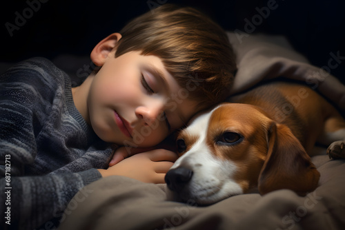 child and their dog sleeping together - concept, relaxing