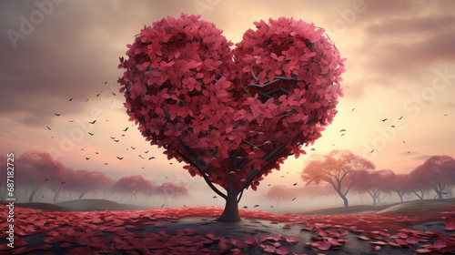 Tree made out of heart leaves for Valentine's Day. Heart and love. Concept of Love Blossoming, Romantic Symbolism, and Celebrating Affection.