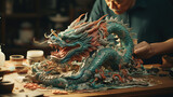 Man sculpting a dragon out of wood for the Year of the Dragon. Concept of Artistic Craftsmanship.