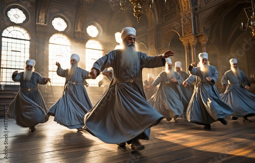 Mevlana dancers performing in a museum . photo