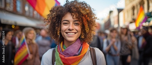 LGBT Pride Festival: a nonbinary gender student wearing a rainbow flag on their face. photo