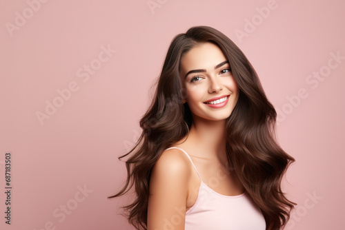 Beautiful smiling brunette woman with healthy shiny long hair