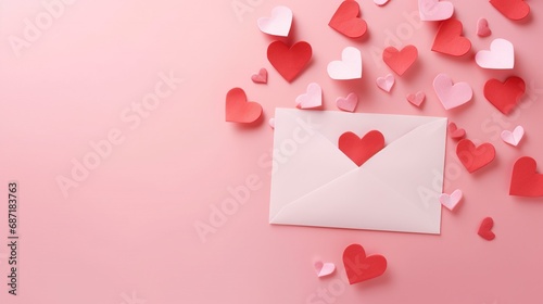 Love letter envelope with paper craft hearts - flat lay on pink valentines or anniversary background with copy space