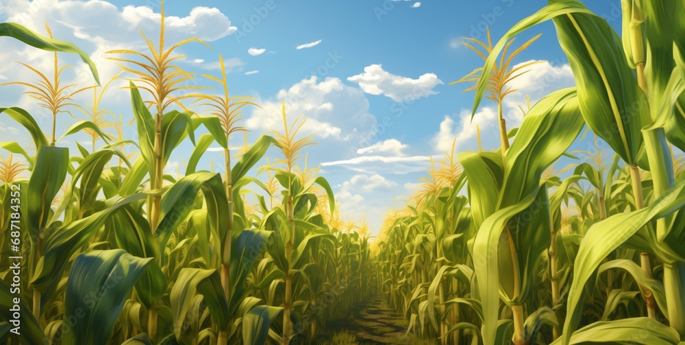 Corn in Field with Sunlight, Agricultural Image Capturing the Beauty of Crop Growth under Radiant Sun Corn in Field with Sunlight, Agricultural Image Capturing the Beauty of Crop Growth under Radiant Sun