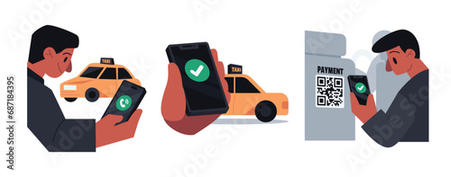 Taxi Payments Contactless Payment Vector Illustration Set