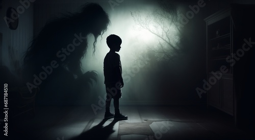 Contrast of a Small Child and a Mysterious Figure in the Shadows