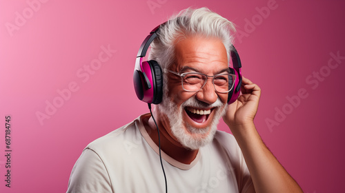 Un homme senior, heureux qui écoute de la musique au casque photo