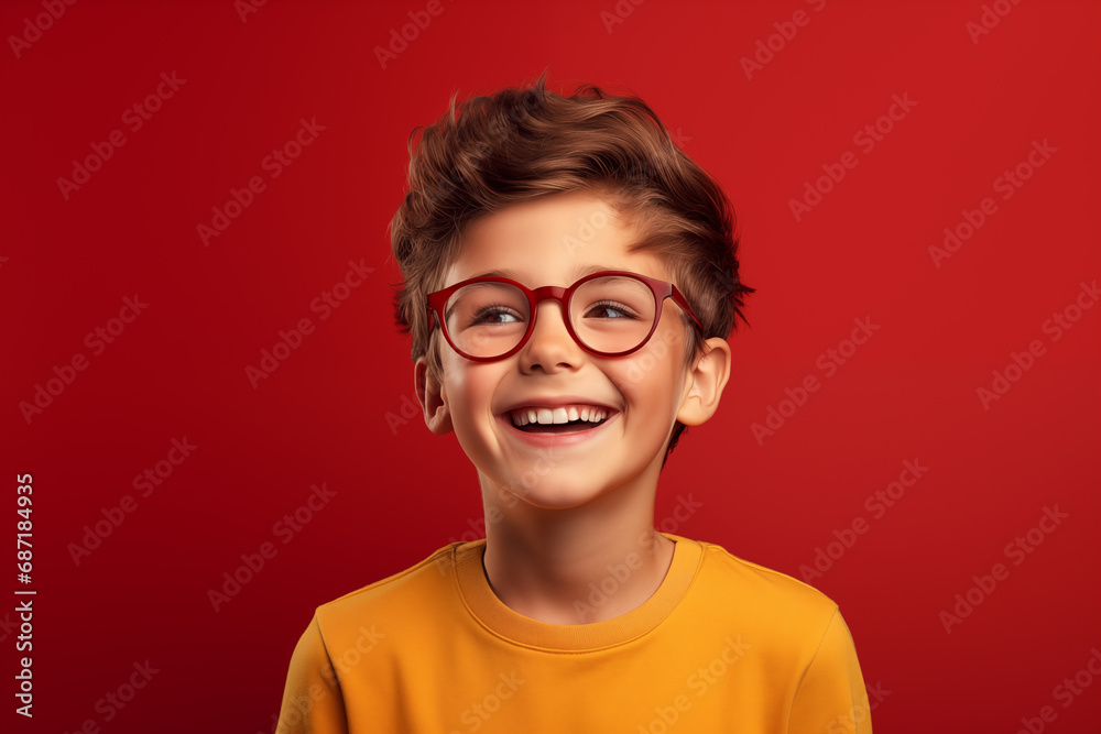Un beau petit garçon heureux et souriant, arrière-plan coloré uni - obrazy, fototapety, plakaty 