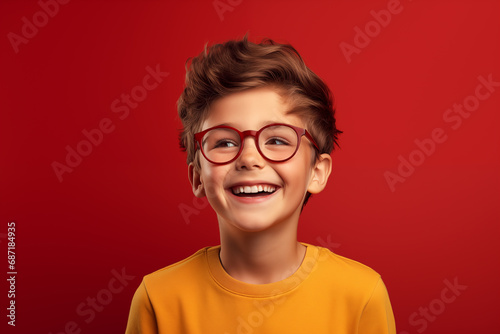 Un beau petit garçon heureux et souriant avec des lunettes et un tee-shirt orange, arrière-plan isolé, coloré, rouge.