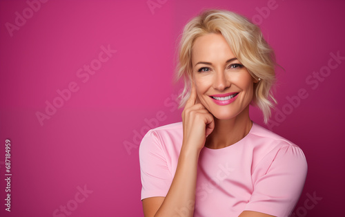 Une belle femme heureuse et souriante, arrière-plan coloré uni, image avec espace pour texte.