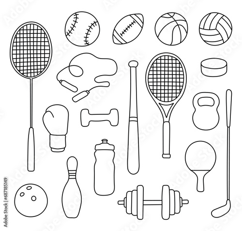 set of hand draw sport line icons. doodle minimalism style vector sports equipment  elements  