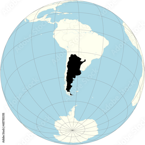 Argentina centered on the world map in an orthographic projection