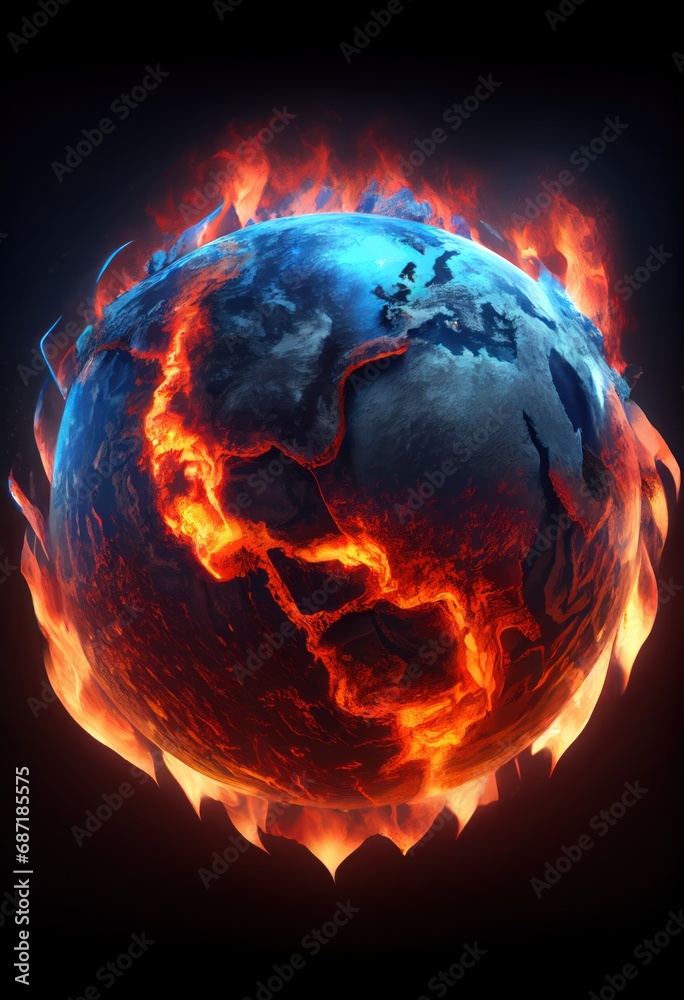 Planet Earth, part on fire and melting, concept of ecology problems, climate change, global warming, and rising temperatures, environmental awareness Planet Earth, part on fire and melting, concept of ecology problems, climate change, global warming, and rising temperatures, environmental awareness