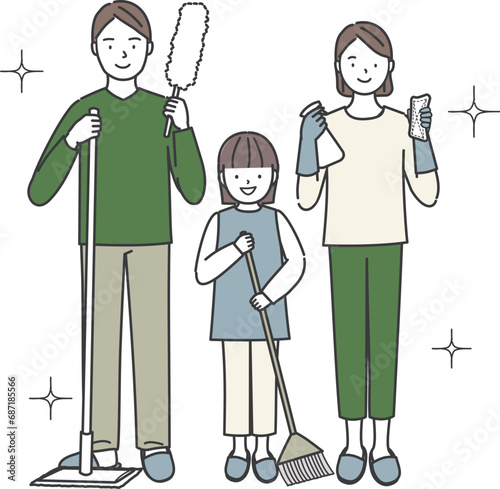 掃除道具を持った3人家族