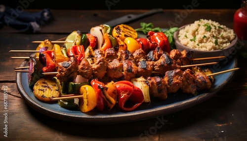 Grilled chicken skewers with a side of grilled vegetables on a sleek black plate, Grilled kebab with couscous and vegetables on a plate photo