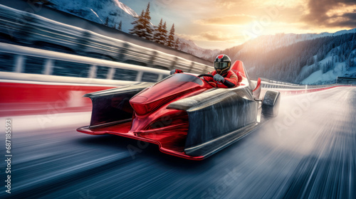 Prototype Concept of a Futuristic High-Speed Vehicle Driving over a Snow-Covered Landscape in the snow-covered Mountains in the Alps Brainstorming Background Cover Poster Digital Art Backdrop