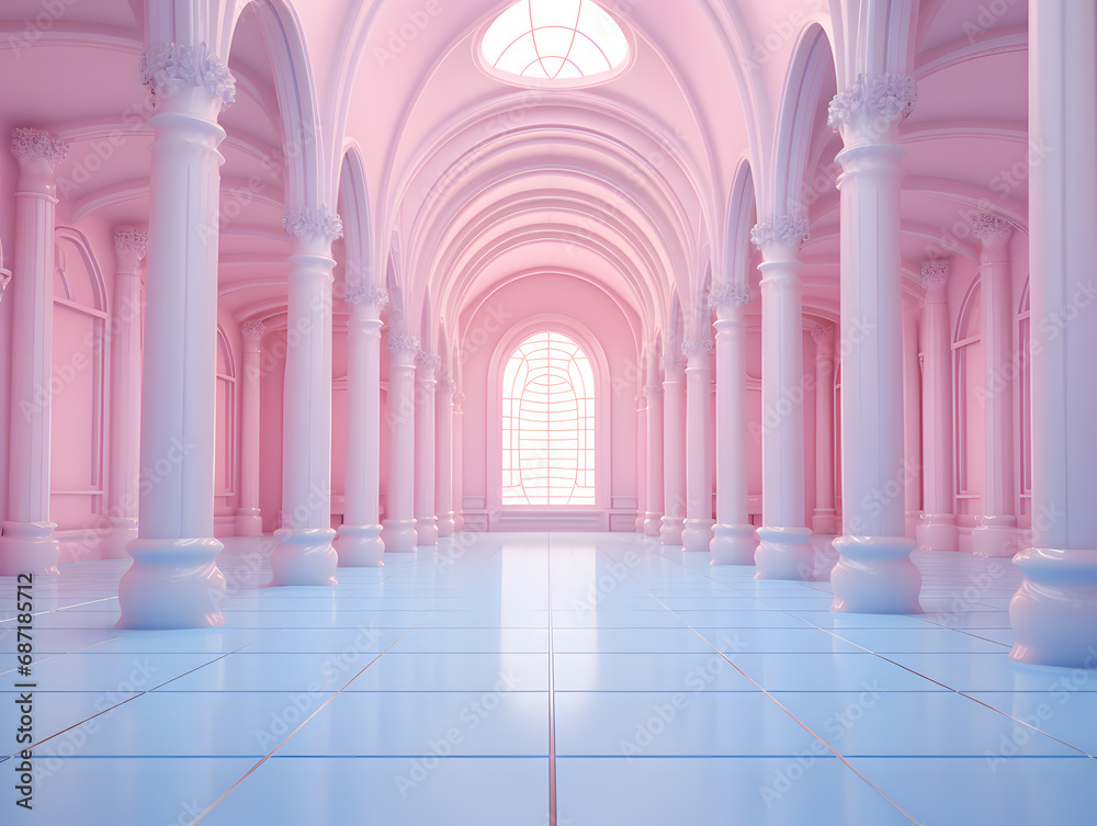 3d render of an empty huge luxury pink hall with arches and columns. minimal architecture style