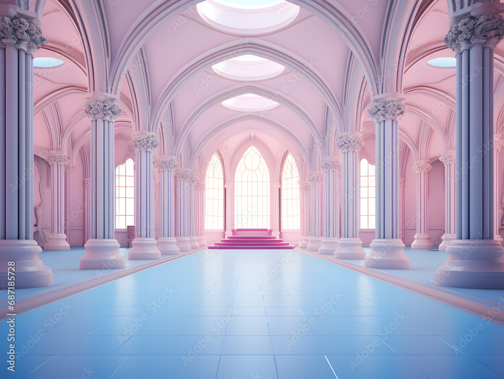 3d render of an empty huge luxury pink hall with arches and columns. minimal architecture style