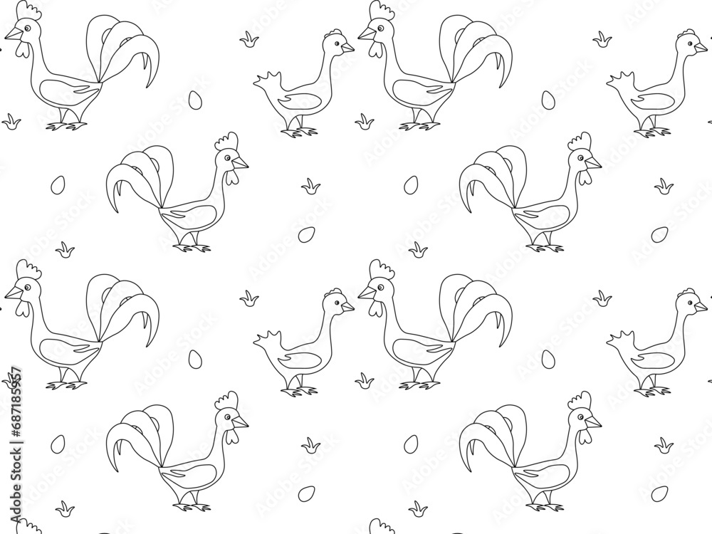 black and white doodle Seamless pattern with hens and roosters