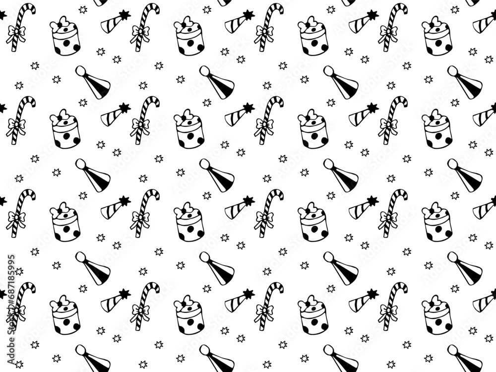 festive Seamless black and white doodle pattern with candy, gift and caps