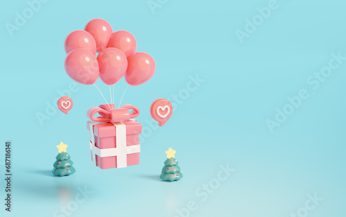 3D flying gift box with pink pastel ribbon bow and balloon. Christmas tree and heart on banner blank blue background. 3D render minimal style. Realistic icon for present, birthday, newyear illustrati