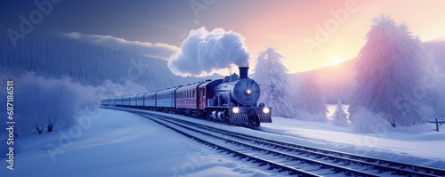 Historic steam locomotive. Old vintage black train ride in the snowy forest in north pole. Fairy tale winter landscape. Retro aesthetic. Christmas and New Year concept. Design for banner, card, poster photo