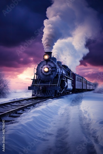 Historic steam locomotive. Old vintage red train ride in the snowy forest in north pole. Fairy tale winter landscape. Retro aesthetic. Christmas and New Year concept. Design for banner, card, poster