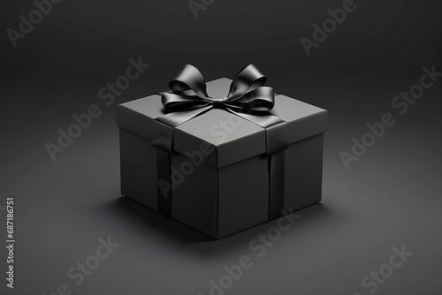 Blank open black present box or top view of black gift box with black ribbons and bow isolated on dark background with shadow minimal - black friday theme. © kapros76