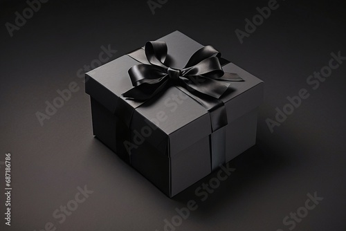 Blank open black present box or top view of black gift box with black ribbons and bow isolated on dark background with shadow minimal - black friday theme.