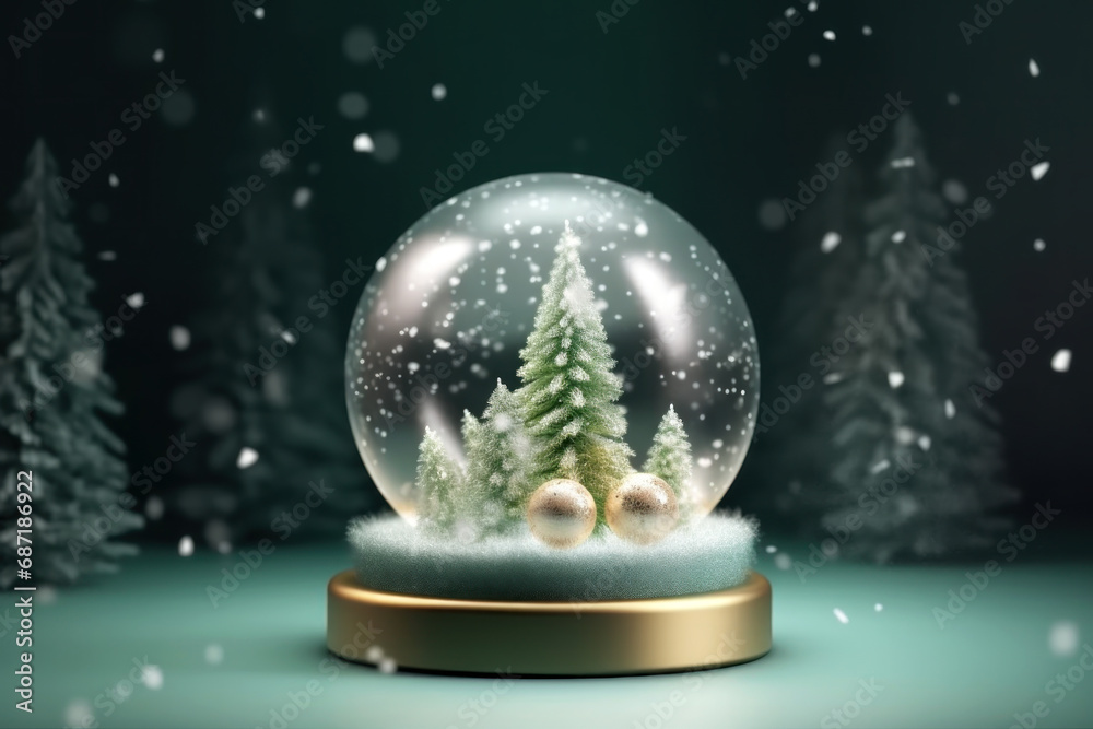 A glass ball with snow-covered green and golden Christmas trees and falling snowflakes inside A glass ball with snow-covered green and golden Christmas trees and falling snowflakes inside