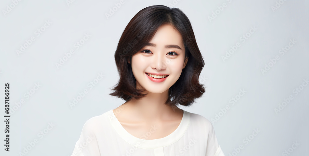 Portrait of young happy Asian woman. Skin care beauty, skincare cosmetics, isolated over white background. Portrait of young happy Asian woman. Skin care beauty, skincare cosmetics, isolated over white background.