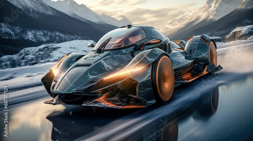 Prototype Concept of a Futuristic High-Speed Vehicle Driving over a Snow-Covered Landscape in the snow-covered  Mountains in the Alps Brainstorming Background Cover Poster Digital Art Backdrop  © Korea Saii