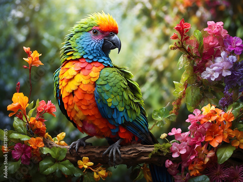 blue and yellow macaw sitting on a branch surrounding with garden of flowers 