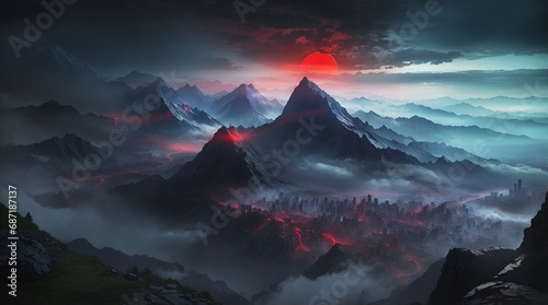 fantasy mountain wallpaper 4k. fantasy mountain city wallpaper. Fantasy landscape of mountain with futuristic city and red moon. 