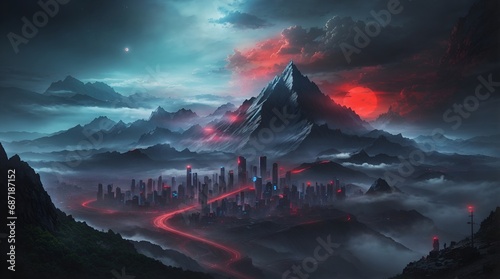 fantasy mountain wallpaper 4k. fantasy mountain city wallpaper. Fantasy landscape of mountain with futuristic city and red moon. 